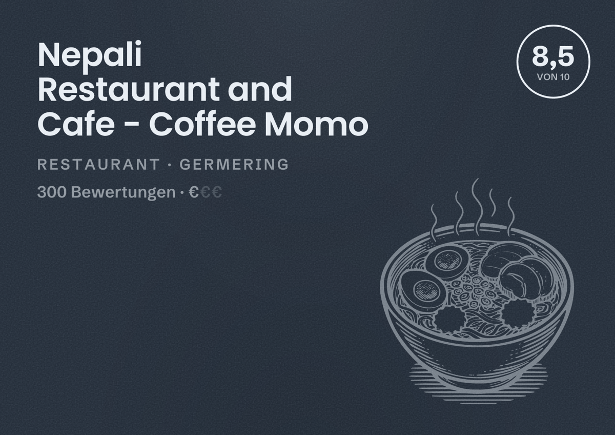 Illustriertes Poster von Nepali Restaurant and Cafe - Coffee Momo, Restaurant in Germering: Bewertung 8,5 von 10 aus 300 Bewertungen, Preisniveau €