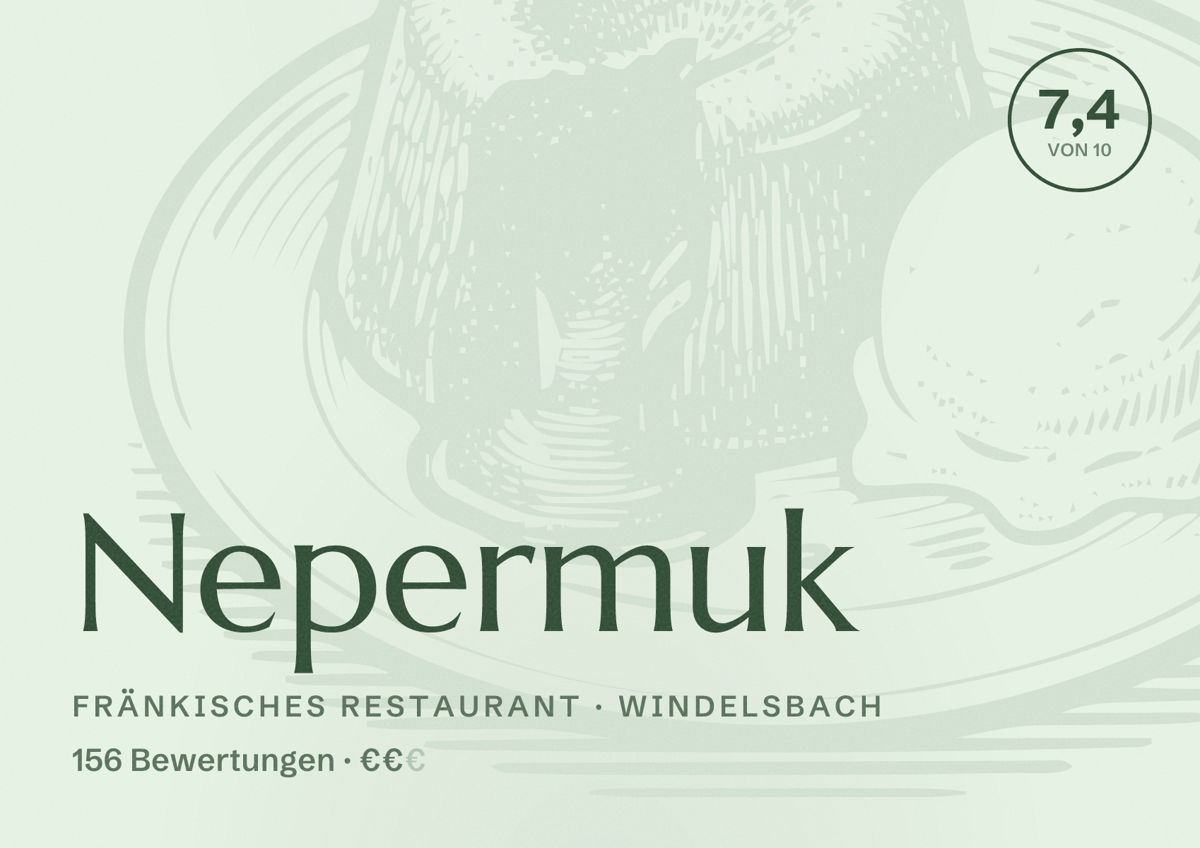 Illustriertes Poster von Nepermuk, Fränkisches Restaurant in Windelsbach: Bewertung 7,4 von 10 aus 156 Bewertungen, Preisniveau €€