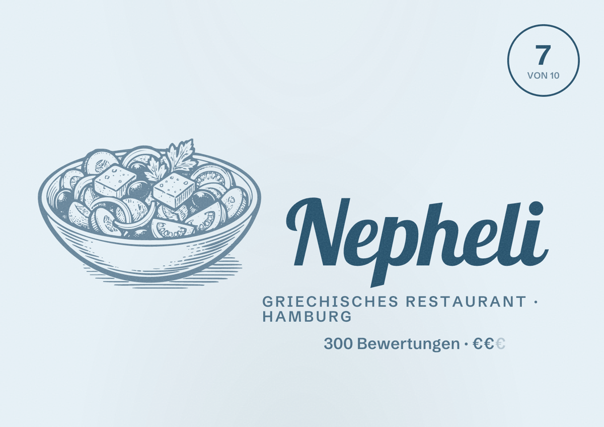 Illustriertes Poster von Nepheli, Griechisches Restaurant in Hamburg: Bewertung 7,0 von 10 aus 300 Bewertungen, Preisniveau €€
