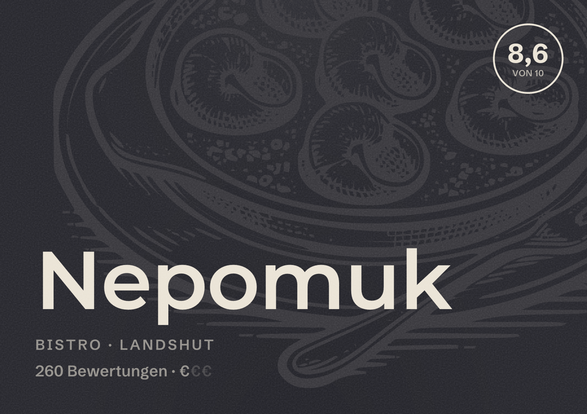 Illustriertes Poster von Nepomuk, Bistro in Landshut: Bewertung 8,6 von 10 aus 260 Bewertungen, Preisniveau €
