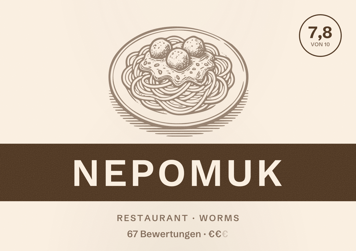 Illustriertes Poster von NEPOMUK, Restaurant in Worms: Bewertung 7,8 von 10 aus 67 Bewertungen, Preisniveau €€