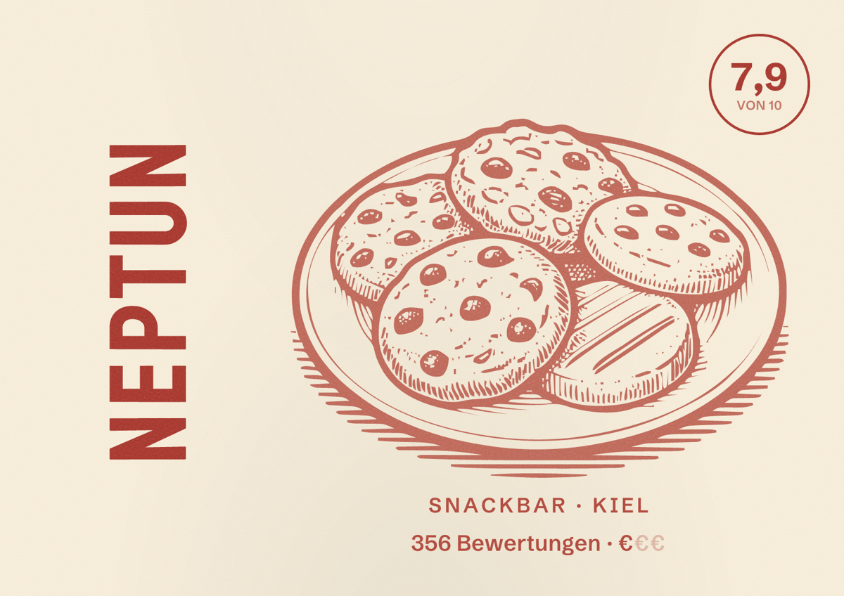 Illustriertes Poster von Neptun, Snackbar in Kiel: Bewertung 7,9 von 10 aus 356 Bewertungen, Preisniveau €