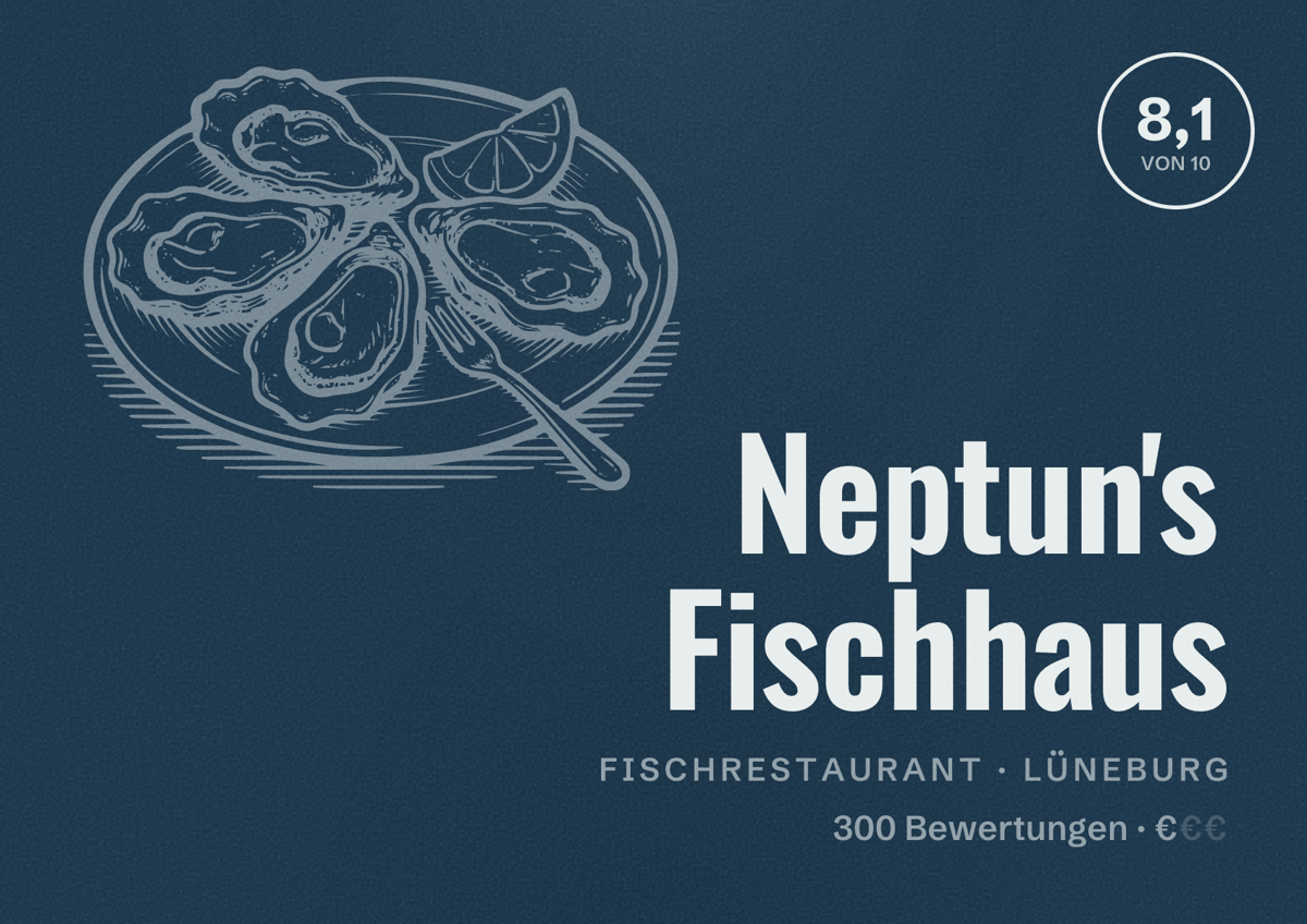 Illustriertes Poster von Neptun's Fischhaus, Fischrestaurant in Lüneburg: Bewertung 8,1 von 10 aus 300 Bewertungen, Preisniveau €