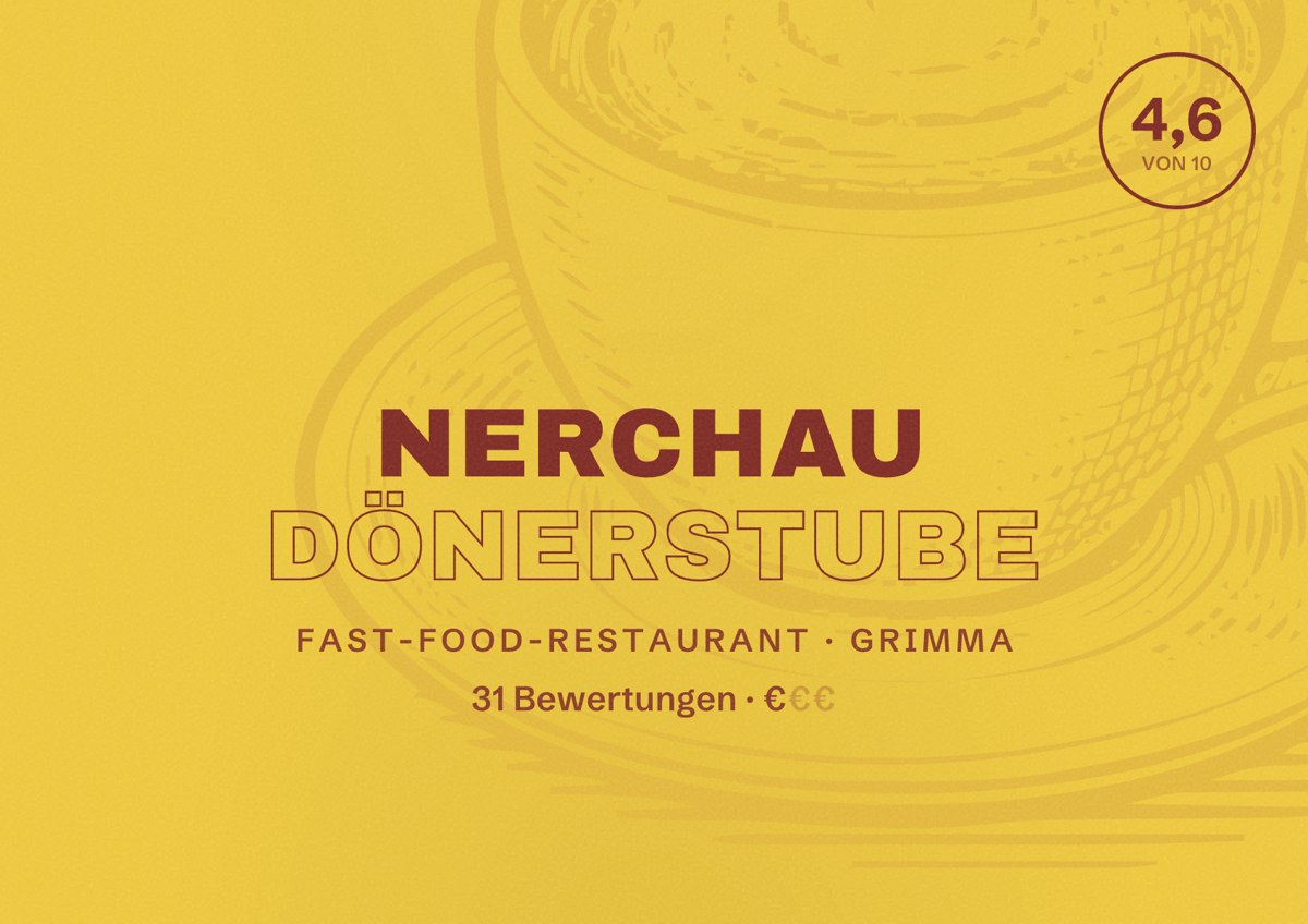 Illustriertes Poster von Nerchau Dönerstube, Fast-Food-Restaurant in Grimma: Bewertung 4,6 von 10 aus 31 Bewertungen, Preisniveau €
