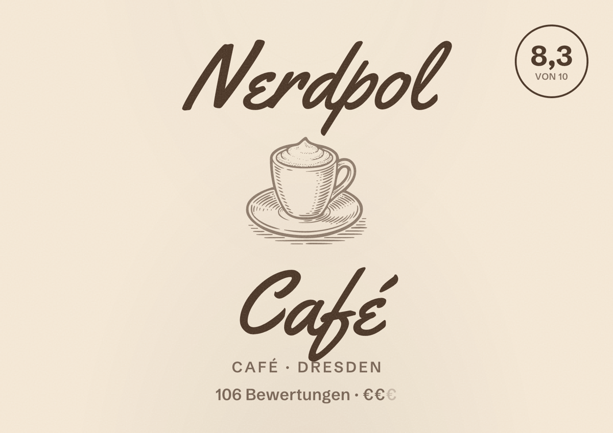 Illustriertes Poster von Nerdpol Café, Café in Dresden: Bewertung 8,3 von 10 aus 106 Bewertungen, Preisniveau €€