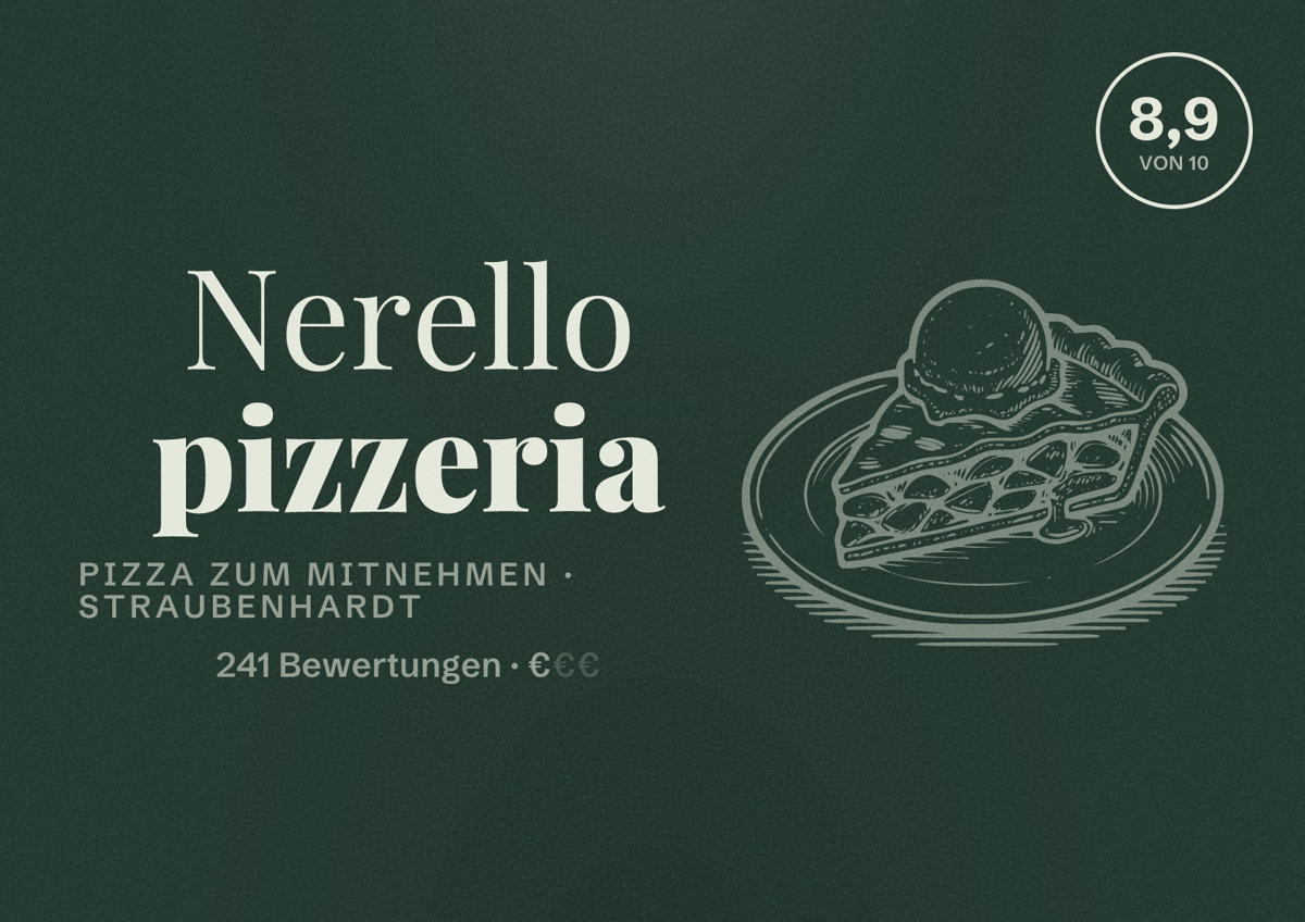 Illustriertes Poster von Nerello pizzeria, Pizza zum Mitnehmen in Straubenhardt: Bewertung 8,9 von 10 aus 241 Bewertungen, Preisniveau €