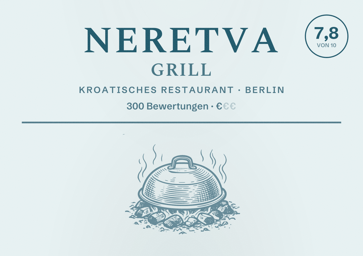 Illustriertes Poster von Neretva Grill, Kroatisches Restaurant in Berlin: Bewertung 7,8 von 10 aus 300 Bewertungen, Preisniveau €