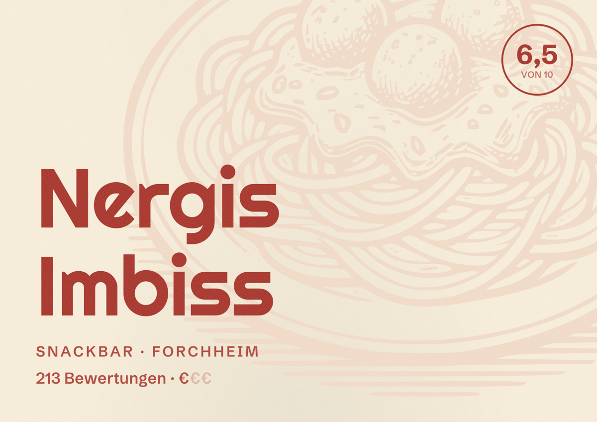 Illustriertes Poster von Nergis Imbiss, Snackbar in Forchheim: Bewertung 6,5 von 10 aus 213 Bewertungen, Preisniveau €