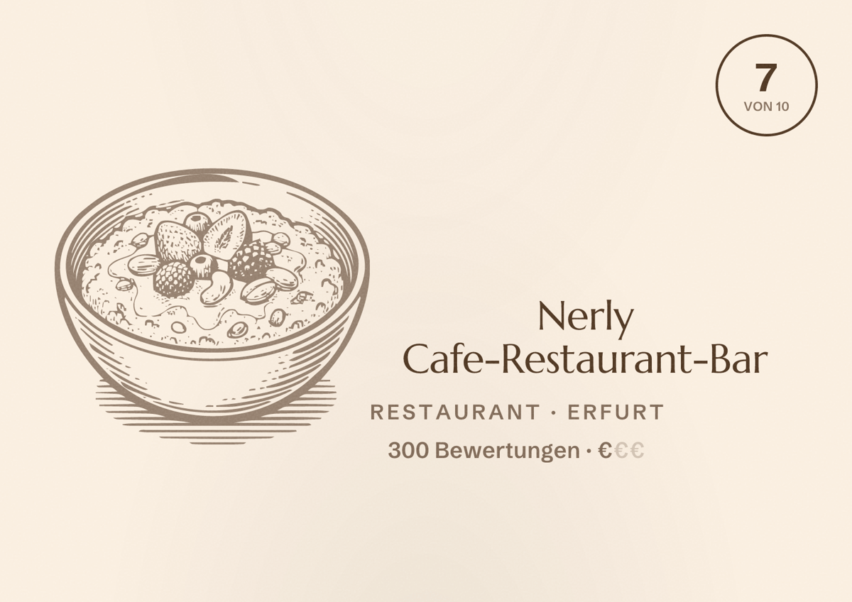 Illustriertes Poster von Nerly Cafe-Restaurant-Bar, Restaurant in Erfurt: Bewertung 7,0 von 10 aus 300 Bewertungen, Preisniveau €