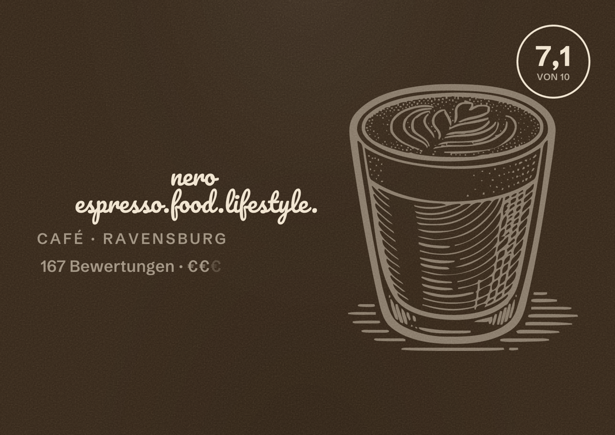 Illustriertes Poster von nero espresso.food.lifestyle., Café in Ravensburg: Bewertung 7,1 von 10 aus 167 Bewertungen, Preisniveau €€