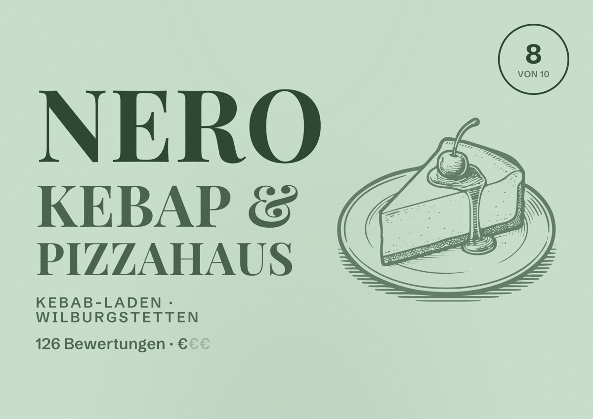 Illustriertes Poster von Nero Kebap & Pizzahaus, Kebab-Laden in Wilburgstetten: Bewertung 8 von 10 aus 126 Bewertungen, Preisniveau €