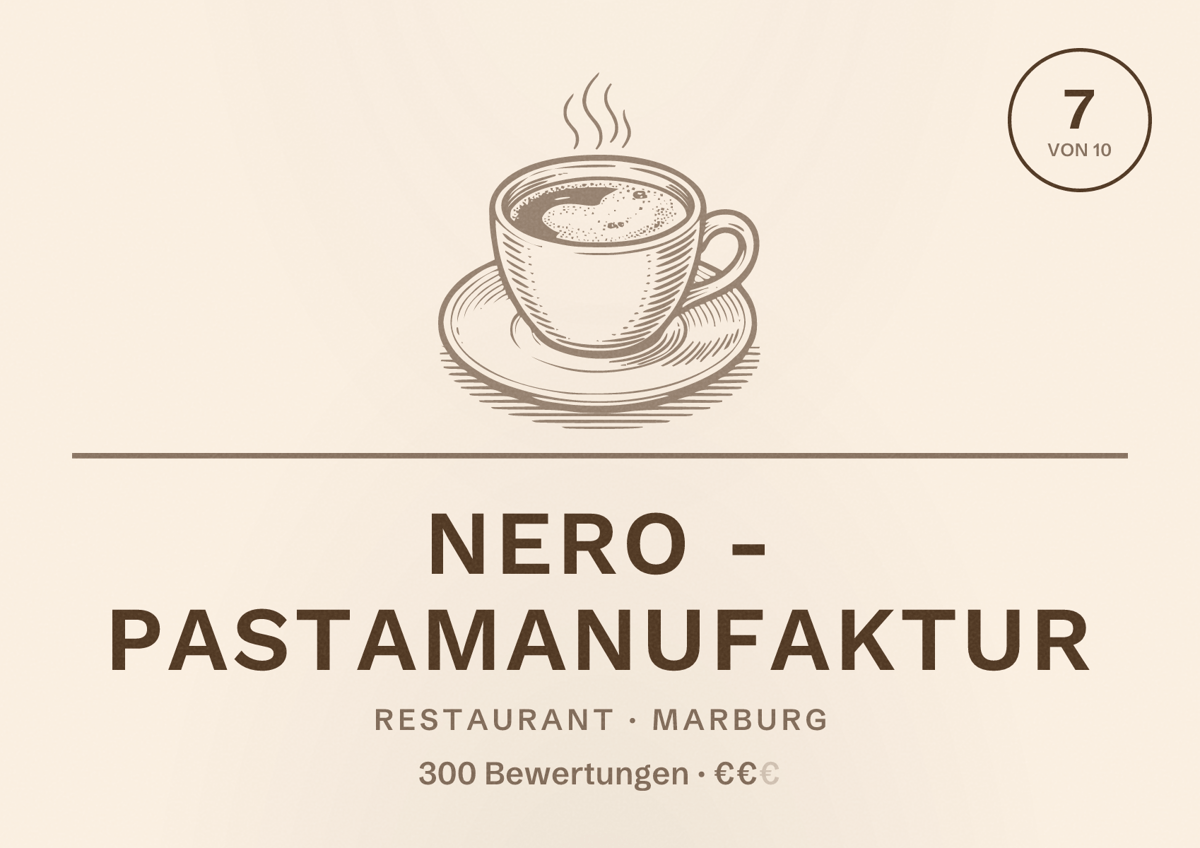 Illustriertes Poster von Nero - Pastamanufaktur, Restaurant in Marburg: Bewertung 7 von 10 aus 300 Bewertungen, Preisniveau €€