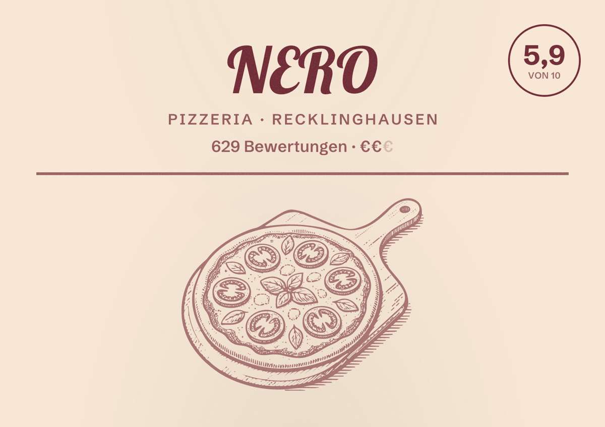 Illustriertes Poster von NERO, Pizzeria in Recklinghausen: Bewertung 5,9 von 10 aus 629 Bewertungen, Preisniveau €€