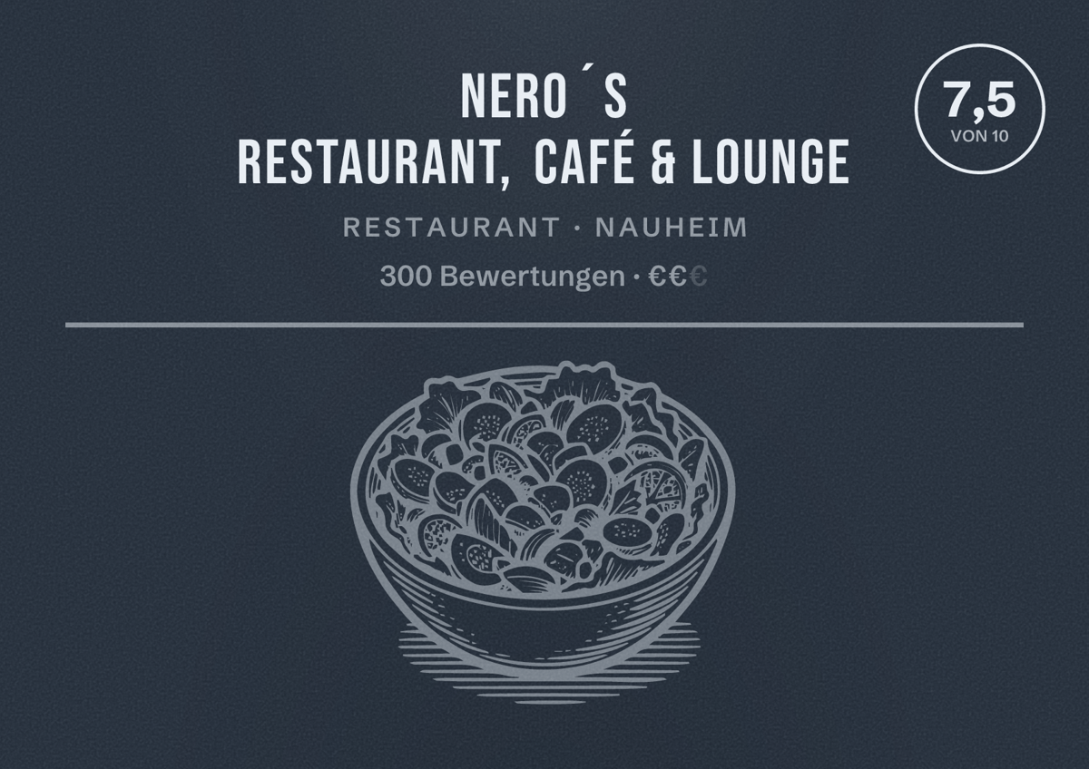 Illustriertes Poster von Nero´s Restaurant, Café & Lounge, Restaurant in Nauheim: Bewertung 7,5 von 10 aus 300 Bewertungen, Preisniveau €€