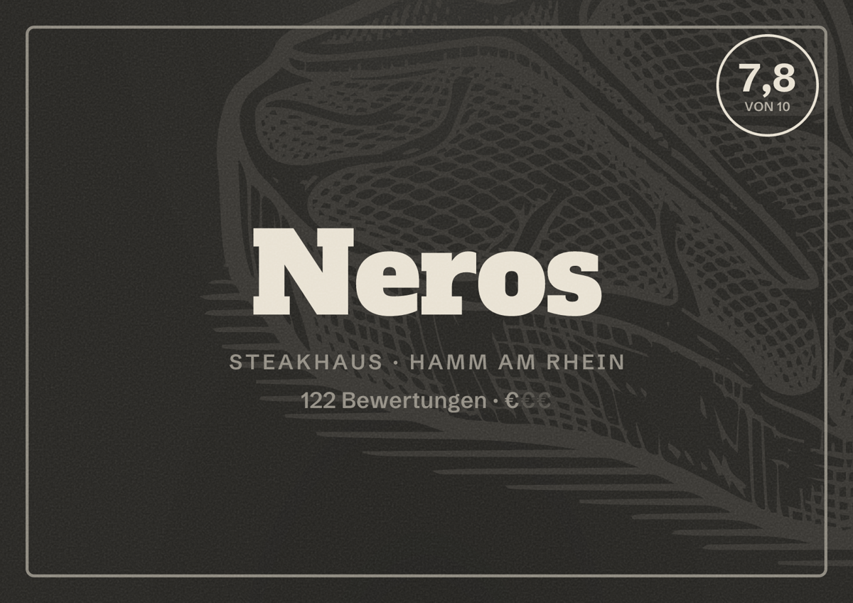 Illustriertes Poster von Neros, Steakhaus in Hamm am Rhein: Bewertung 7,8 von 10 aus 122 Bewertungen, Preisniveau €
