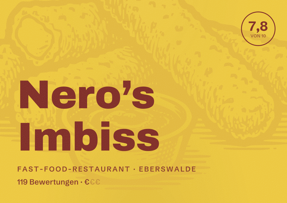 Illustriertes Poster von Nero’s Imbiss, Fast-Food-Restaurant in Eberswalde: Bewertung 7,8 von 10 aus 119 Bewertungen, Preisniveau €