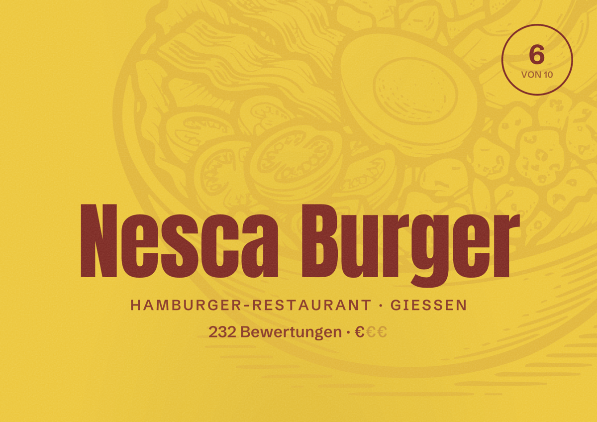 Illustriertes Poster von Nesca Burger, Hamburger-Restaurant in Gießen: Bewertung 6 von 10 aus 232 Bewertungen, Preisniveau €