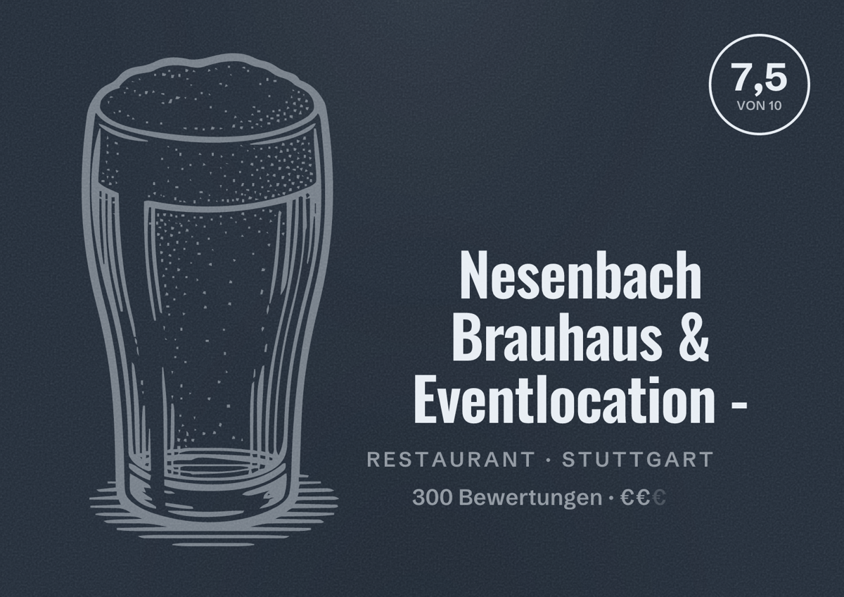 Illustriertes Poster von Nesenbach Brauhaus & Eventlocation -, Restaurant in Stuttgart: Bewertung 7,5 von 10 aus 300 Bewertungen, Preisniveau €€