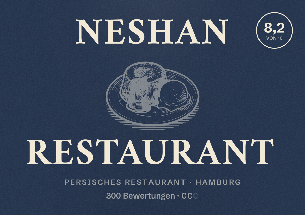 Illustriertes Poster von Neshan Restaurant, Persisches Restaurant in Hamburg: Bewertung 8,2 von 10 aus 300 Bewertungen, Preisniveau €€