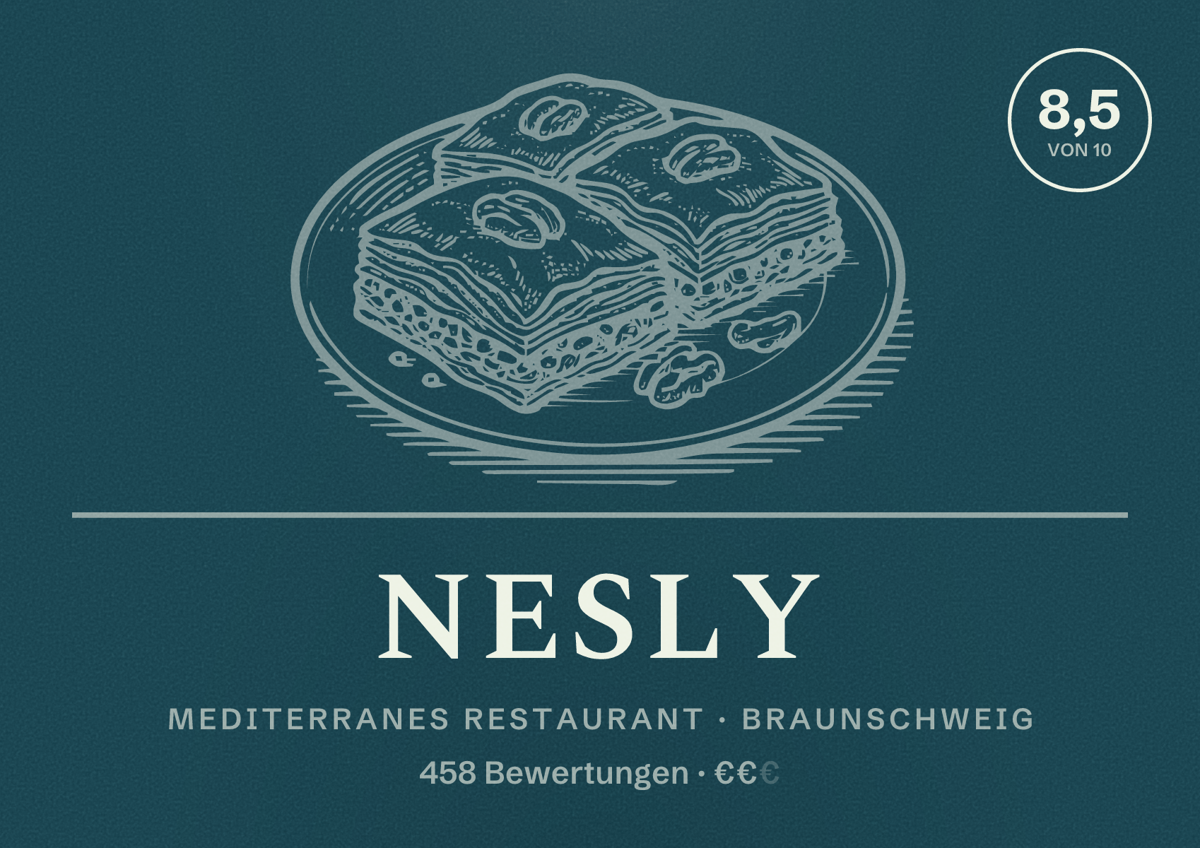 Illustriertes Poster von Nesly, Mediterranes Restaurant in Braunschweig: Bewertung 8,5 von 10 aus 458 Bewertungen, Preisniveau €€