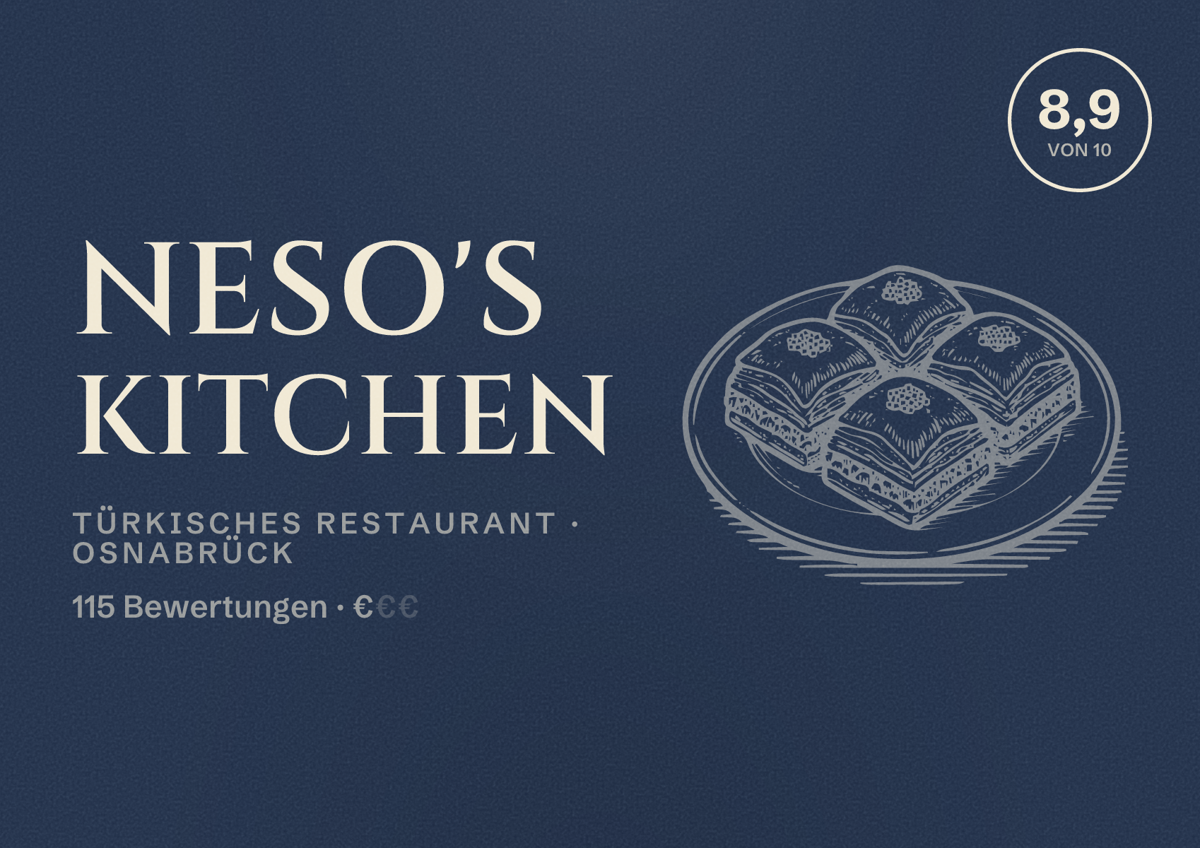 Illustriertes Poster von Neso's kitchen, Türkisches Restaurant in Osnabrück: Bewertung 8,9 von 10 aus 115 Bewertungen, Preisniveau €