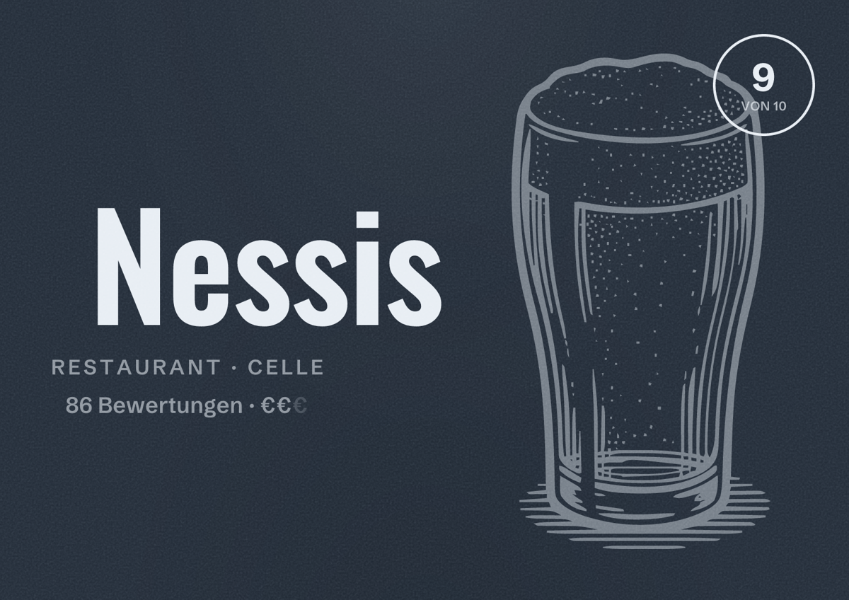 Illustriertes Poster von Nessis, Restaurant in Celle: Bewertung 9 von 10 aus 86 Bewertungen, Preisniveau €€