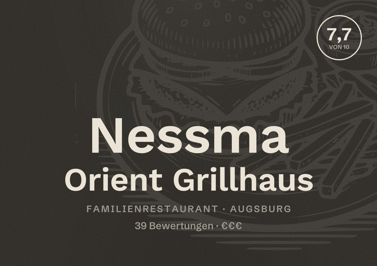 Illustriertes Poster von Nessma Orient Grillhaus, Familienrestaurant in Augsburg: Bewertung 7,7 von 10 aus 39 Bewertungen, Preisniveau €€€