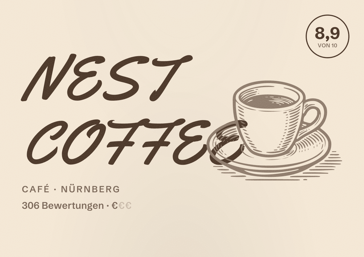 Illustriertes Poster von NEST COFFEE, Café in Nürnberg: Bewertung 8,9 von 10 aus 306 Bewertungen, Preisniveau €