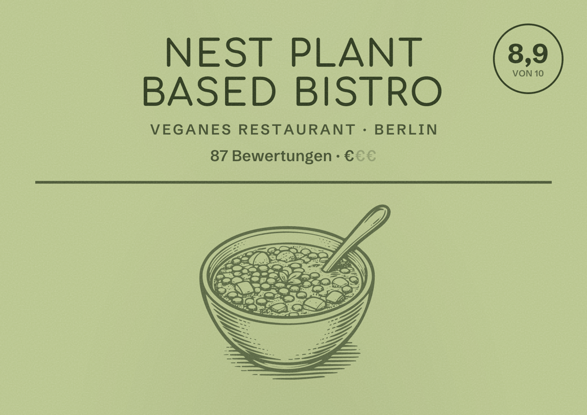 Illustriertes Poster von Nest plant based Bistro, Veganes Restaurant in Berlin: Bewertung 8,9 von 10 aus 87 Bewertungen, Preisniveau €