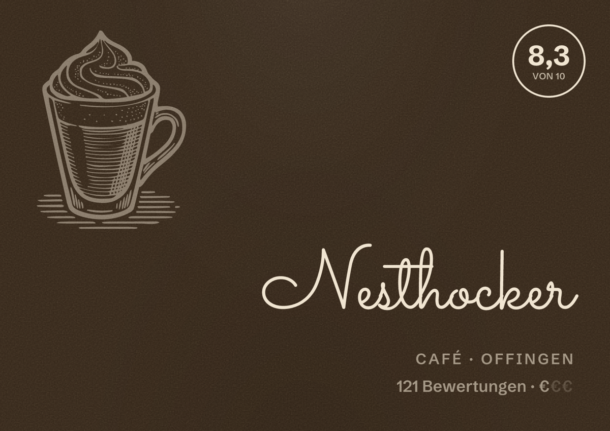 Illustriertes Poster von Nesthocker, Café in Offingen: Bewertung 8,3 von 10 aus 121 Bewertungen, Preisniveau €