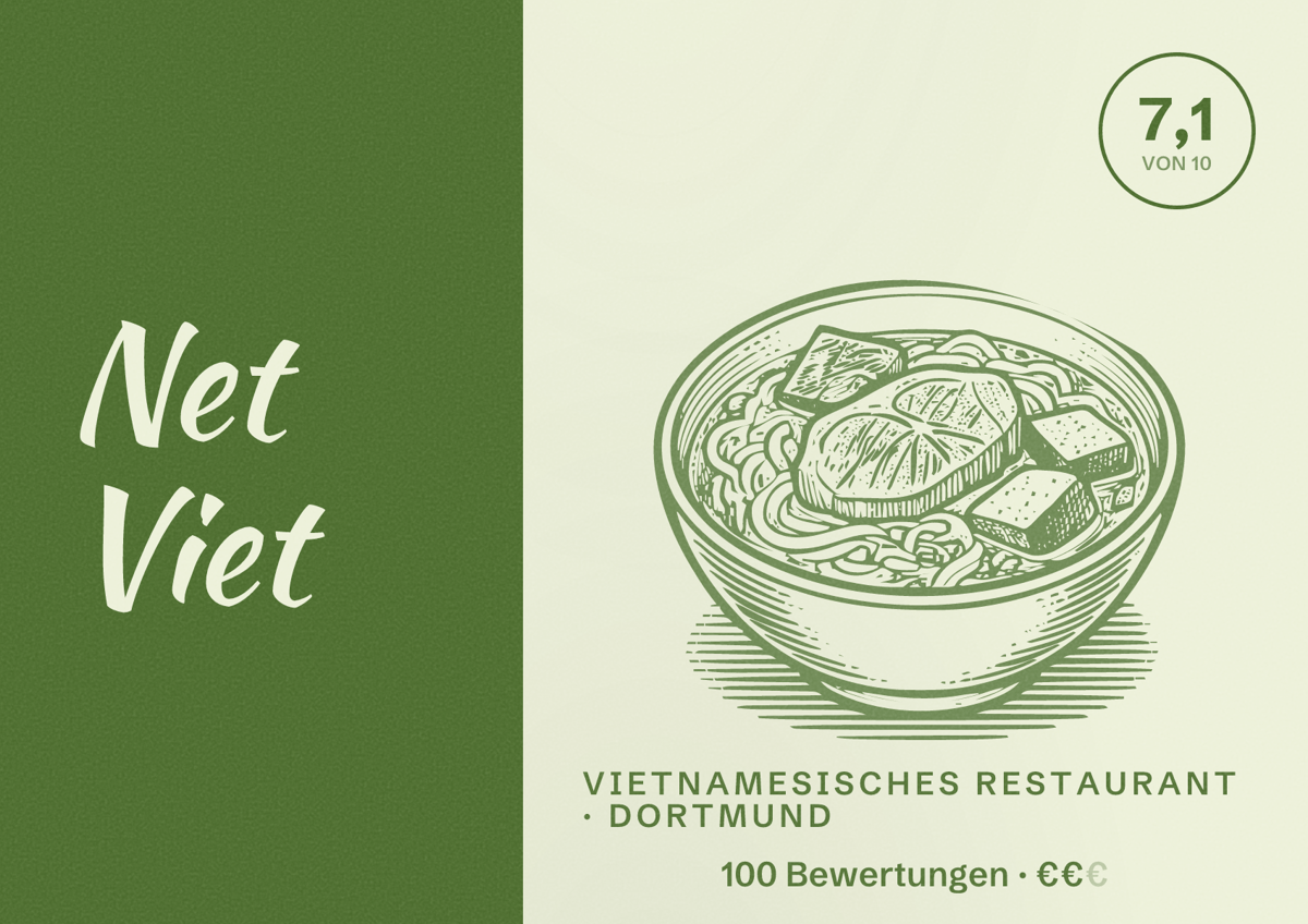 Illustriertes Poster von Net Viet, Vietnamesisches Restaurant in Dortmund: Bewertung 7,1 von 10 aus 100 Bewertungen, Preisniveau €€