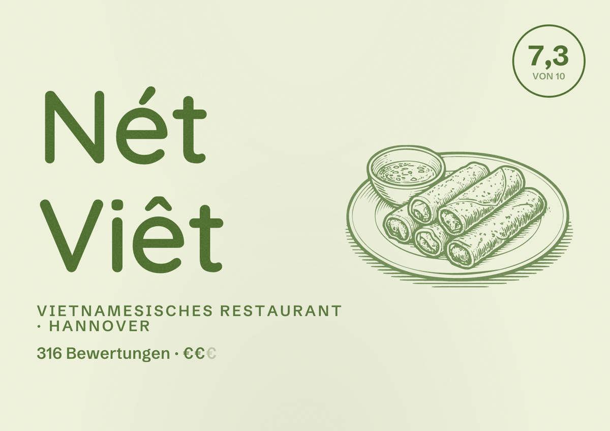 Illustriertes Poster von Nét Viêt, Vietnamesisches Restaurant in Hannover: Bewertung 7,3 von 10 aus 316 Bewertungen, Preisniveau €€
