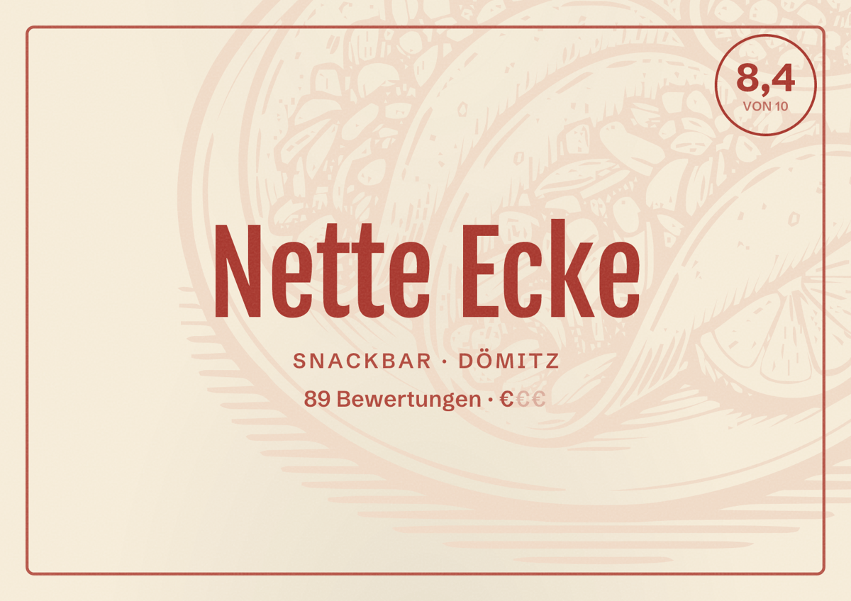 Illustriertes Poster von Nette Ecke, Snackbar in Dömitz: Bewertung 8,4 von 10 aus 89 Bewertungen, Preisniveau €