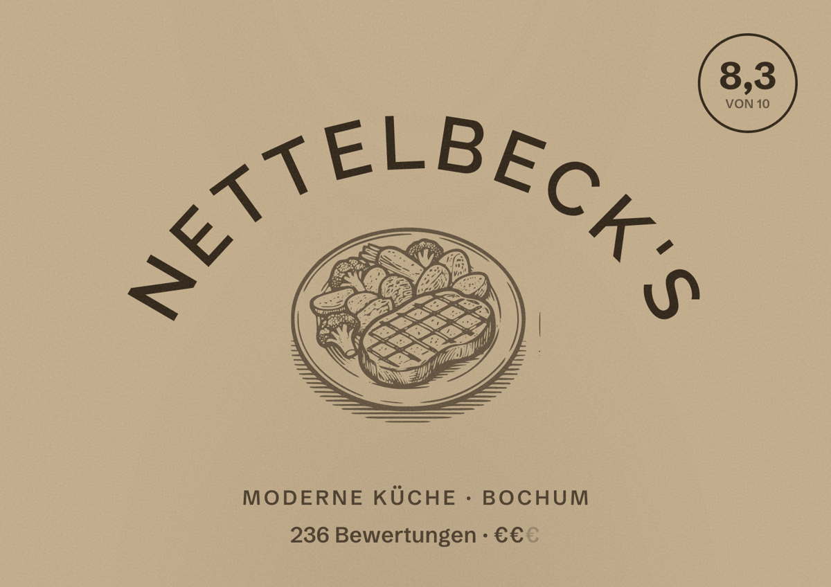 Illustriertes Poster von Nettelbeck's, Moderne Küche in Bochum: Bewertung 8,3 von 10 aus 236 Bewertungen, Preisniveau €€
