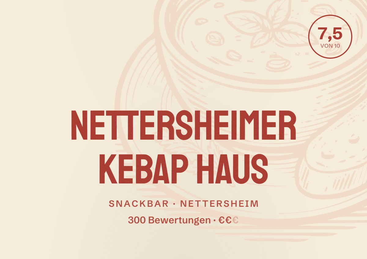 Illustriertes Poster von Nettersheimer Kebap Haus, Snackbar in Nettersheim: Bewertung 7,5 von 10 aus 300 Bewertungen, Preisniveau €€