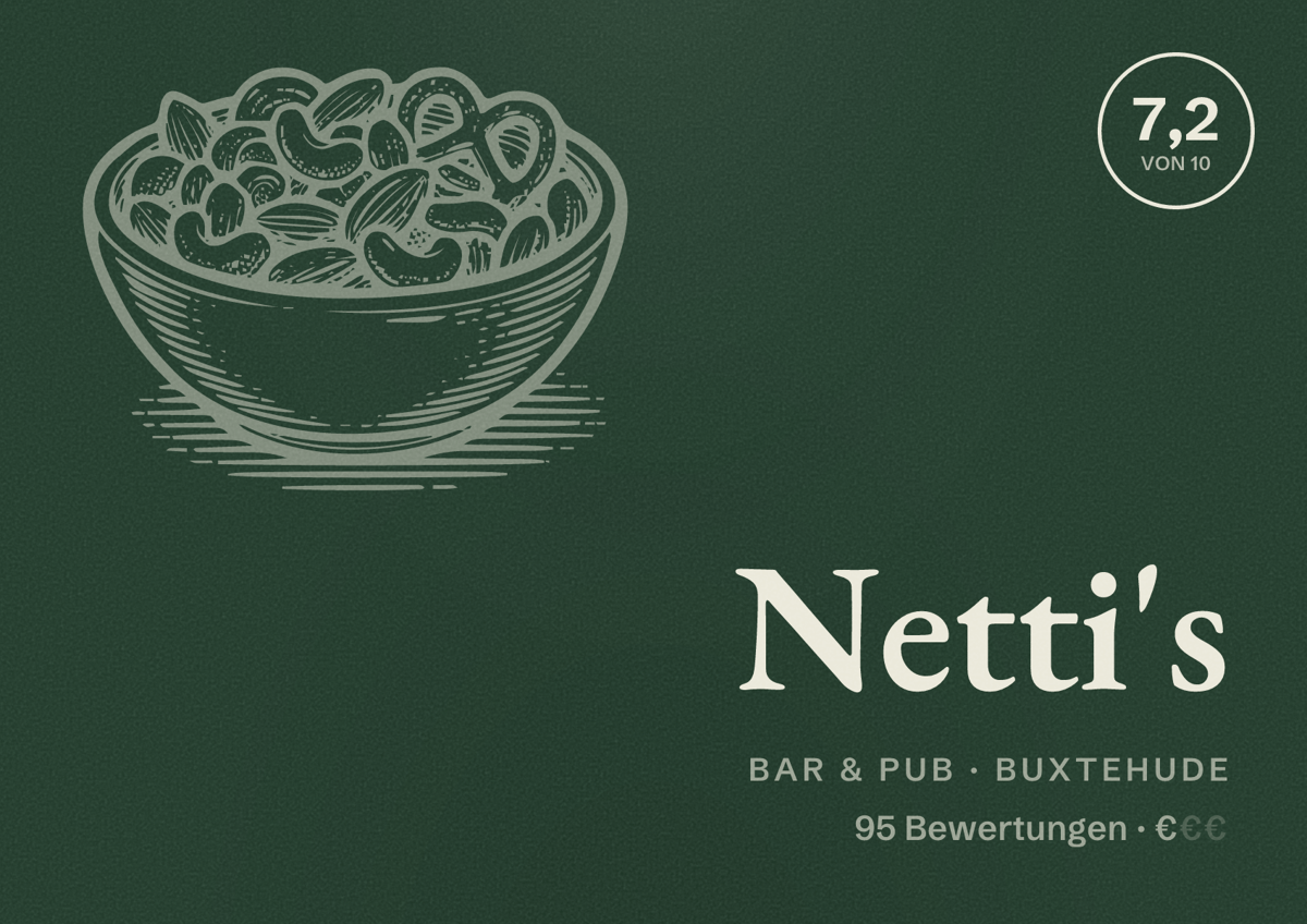 Illustriertes Poster von Netti's, Bar & Pub in Buxtehude: Bewertung 7,2 von 10 aus 95 Bewertungen, Preisniveau €