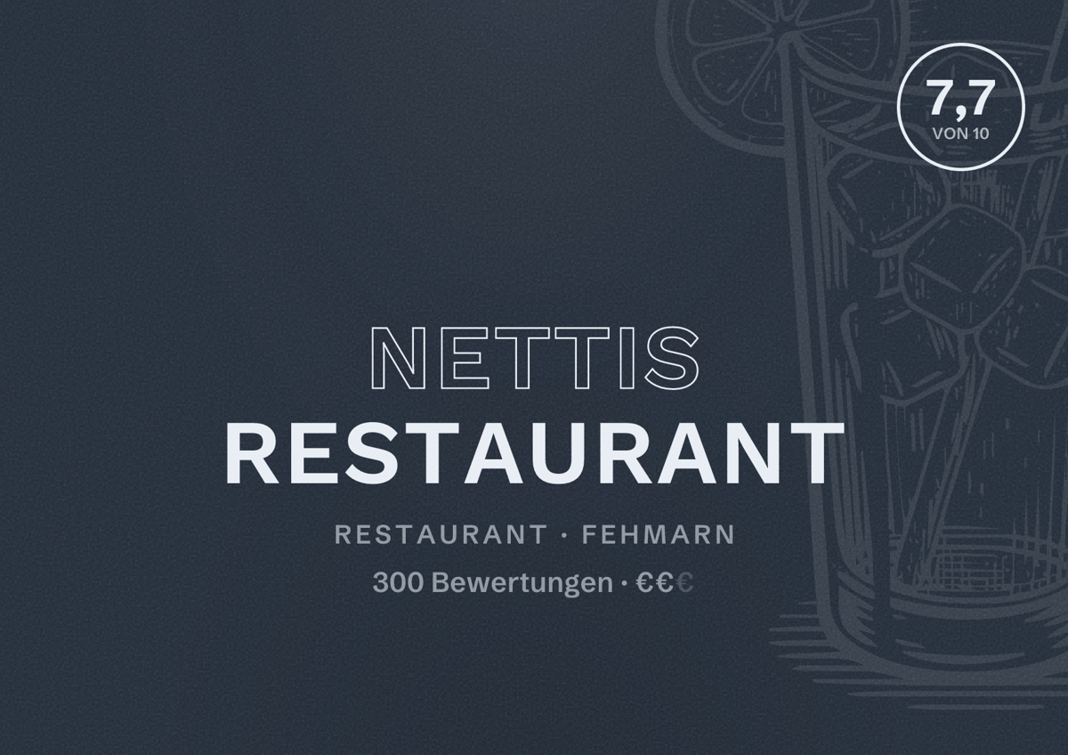 Illustriertes Poster von Nettis Restaurant, Restaurant in Fehmarn: Bewertung 7,7 von 10 aus 300 Bewertungen, Preisniveau €€