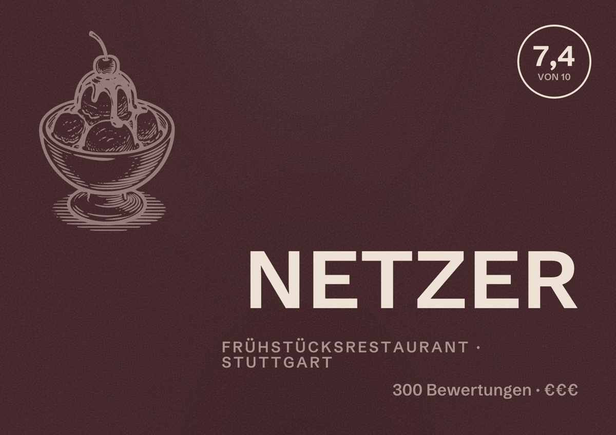 Illustriertes Poster von NETZER, Frühstücksrestaurant in Stuttgart: Bewertung 7,4 von 10 aus 300 Bewertungen, Preisniveau €€€