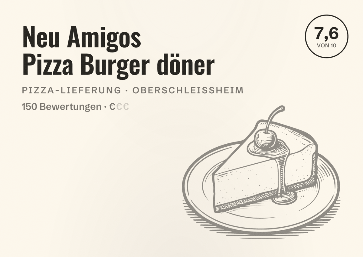 Illustriertes Poster von Neu Amigos Pizza Burger döner, Pizza-Lieferung in Oberschleißheim: Bewertung 7,6 von 10 aus 150 Bewertungen, Preisniveau €