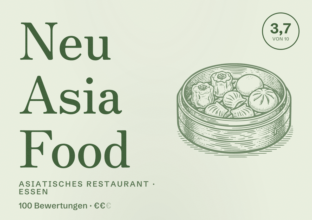 Illustriertes Poster von Neu Asia Food, Asiatisches Restaurant in Essen: Gästebewertung 4,0 von 10 aus 100 Bewertungen