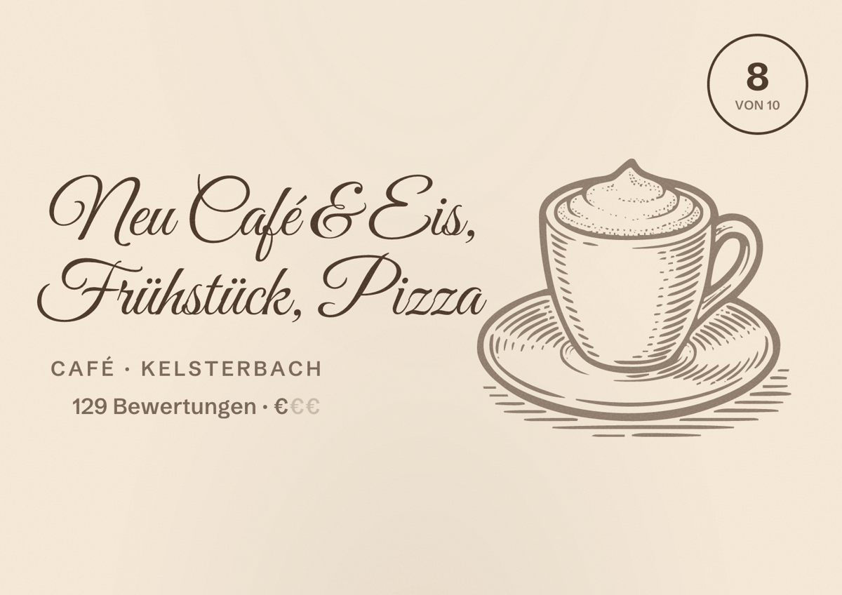 Illustriertes Poster von Neu Café & Eis, Frühstück, Pizza, Café in Kelsterbach: Bewertung 8 von 10 aus 129 Bewertungen, Preisniveau €