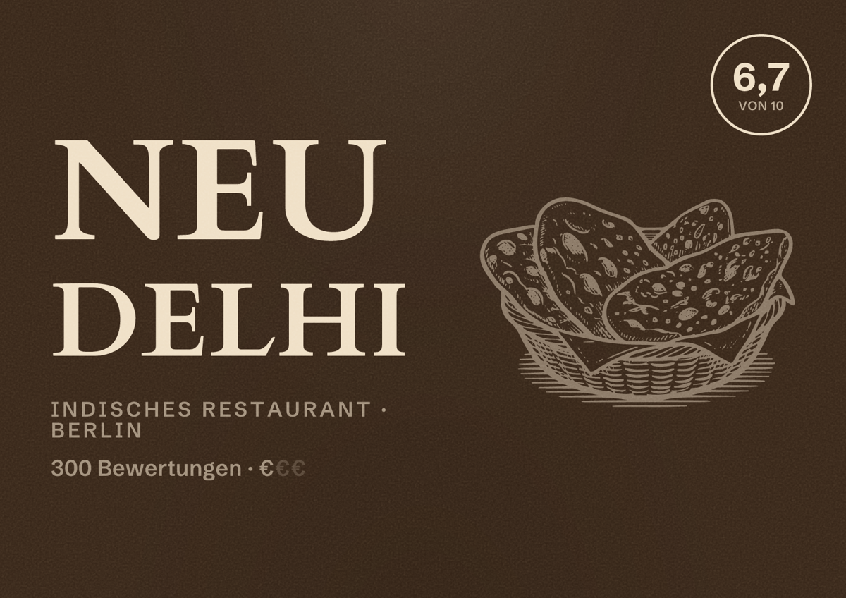 Illustriertes Poster von Neu Delhi, Indisches Restaurant in Berlin: Bewertung 6,7 von 10 aus 300 Bewertungen, Preisniveau €