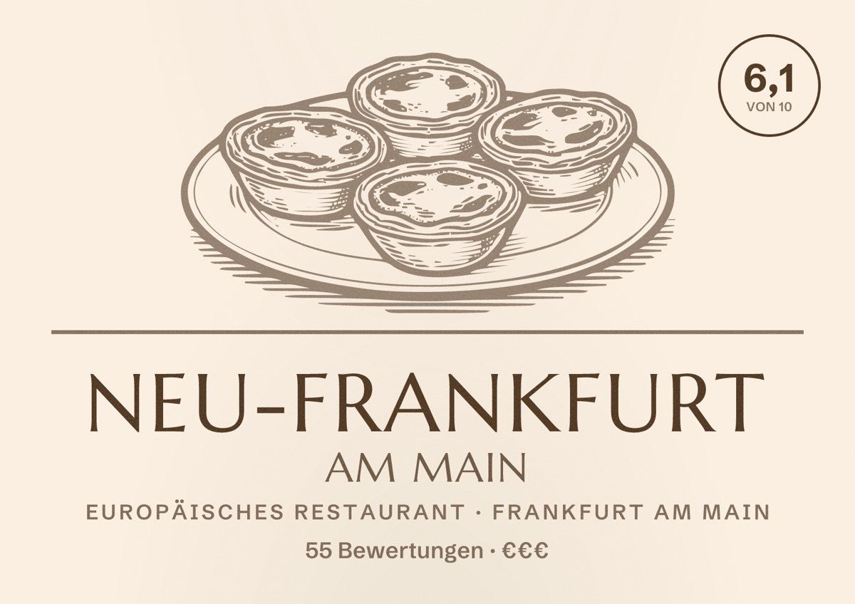 Illustriertes Poster von Neu-Frankfurt am Main, Europäisches Restaurant in Frankfurt am Main: Bewertung 6,1 von 10 aus 55 Bewertungen, Preisniveau €€€