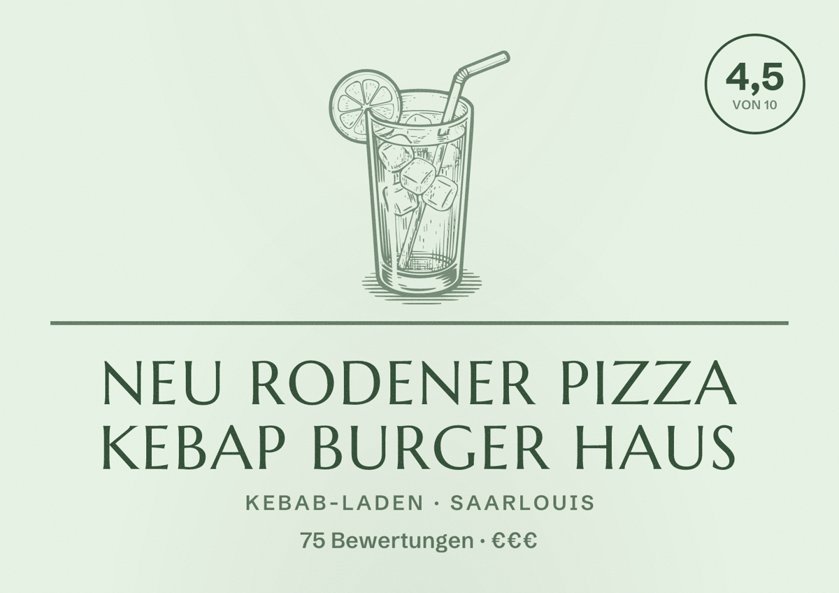 Illustriertes Poster von Neu Rodener Pizza Kebap Burger Haus, Kebab-Laden in Saarlouis: Bewertung 4,5 von 10 aus 75 Bewertungen, Preisniveau €€€