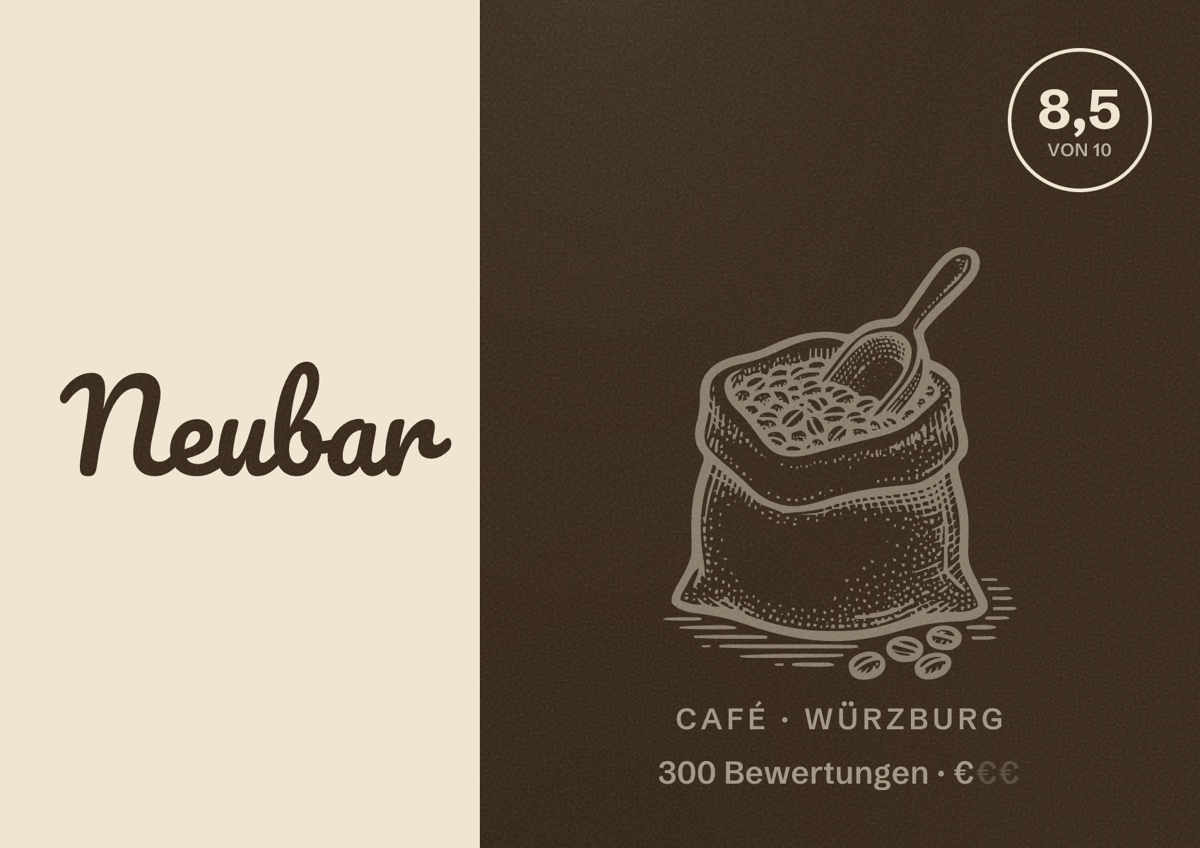 Illustriertes Poster von Neubar, Café in Würzburg: Bewertung 8,5 von 10 aus 300 Bewertungen, Preisniveau €