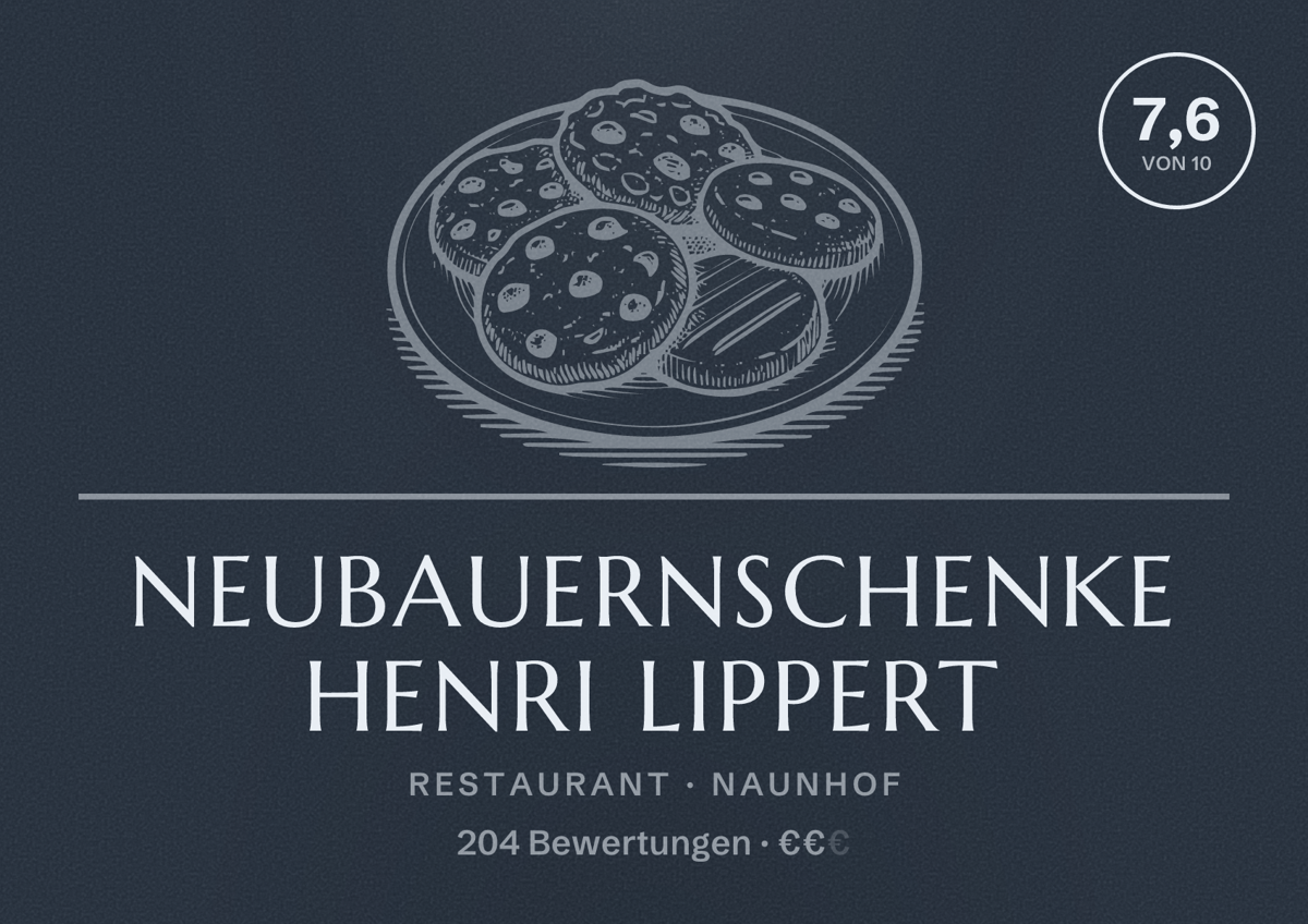 Illustriertes Poster von Neubauernschenke Henri Lippert, Restaurant in Naunhof: Bewertung 7,6 von 10 aus 204 Bewertungen, Preisniveau €€
