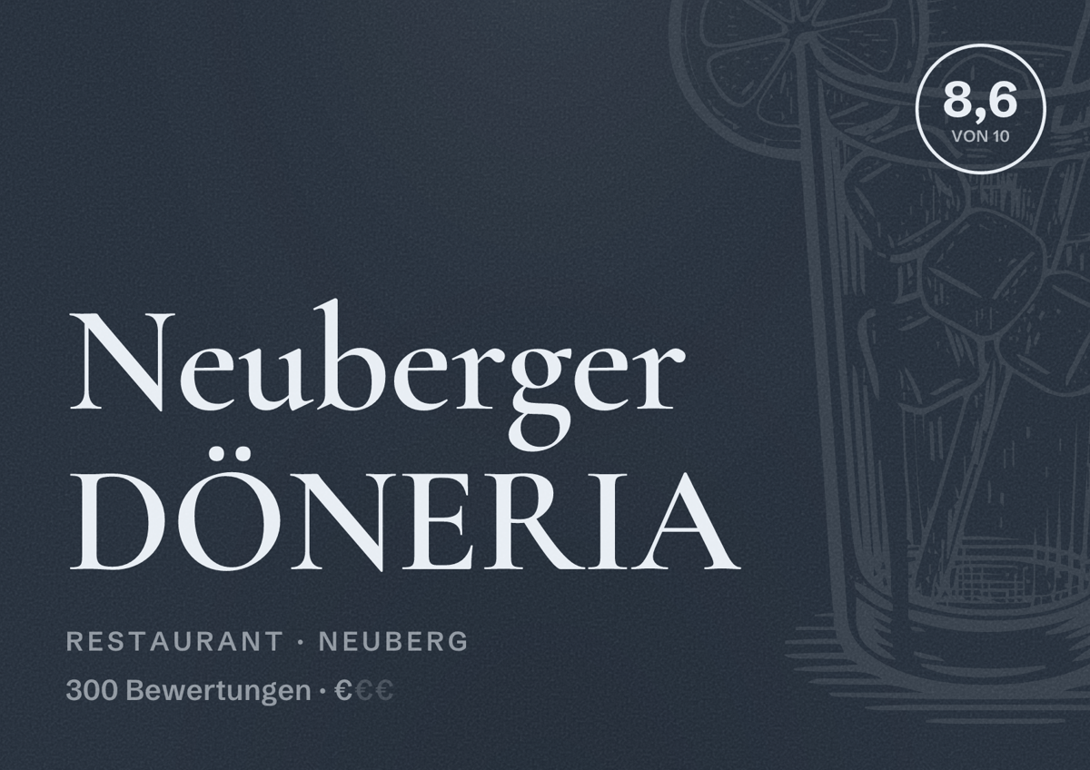 Illustriertes Poster von Neuberger DÖNERIA, Restaurant in Neuberg: Bewertung 8,6 von 10 aus 300 Bewertungen, Preisniveau €