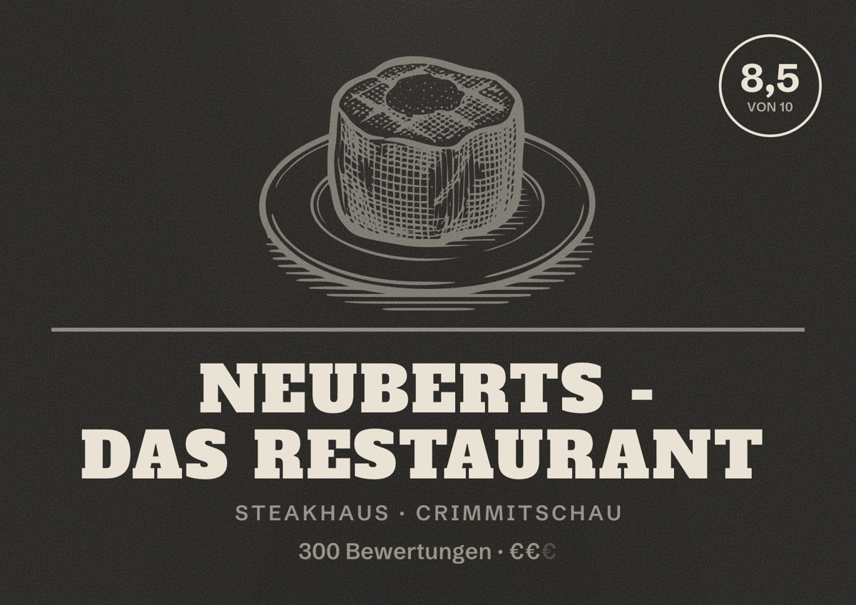 Illustriertes Poster von Neuberts - Das Restaurant, Steakhaus in Crimmitschau: Bewertung 8,5 von 10 aus 300 Bewertungen, Preisniveau €€