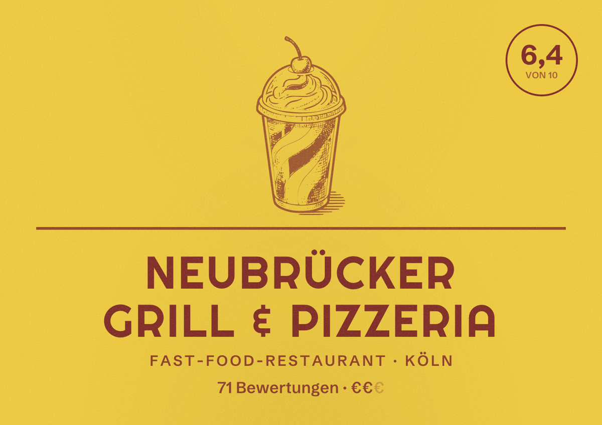 Illustriertes Poster von Neubrücker Grill & Pizzeria, Fast-Food-Restaurant in Köln: Bewertung 6,4 von 10 aus 71 Bewertungen, Preisniveau €€