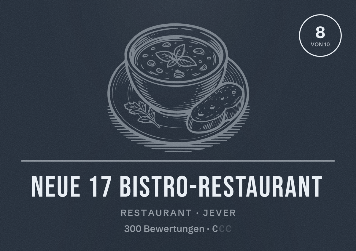 Illustriertes Poster von Neue 17 Bistro-Restaurant, Restaurant in Jever: Bewertung 8 von 10 aus 300 Bewertungen, Preisniveau €